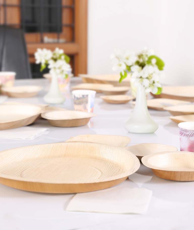 Finished areca leaf plates and bowls
