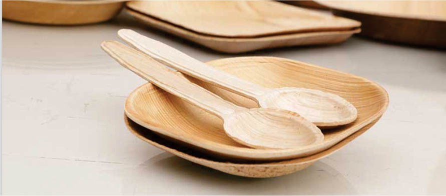 Areca leaf spoons on areca plates